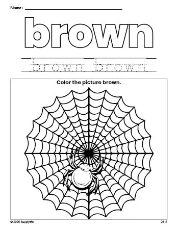 Free Halloween spider color brown coloring page and color worksheet, brown worksheet for preschoolers to learn colors, printable PDF