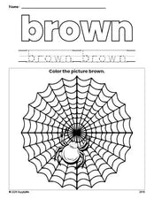 Free Halloween spider color brown coloring page and color worksheet, brown worksheet for preschoolers to learn colors, printable PDF