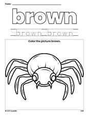 Free Halloween spider color brown coloring page and color worksheet, brown worksheet for preschoolers to learn colors, printable PDF