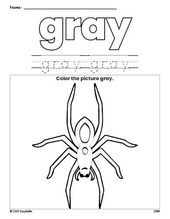 Free Halloween spider color gray coloring page and color worksheet, gray worksheet for preschoolers to learn colors, printable PDF