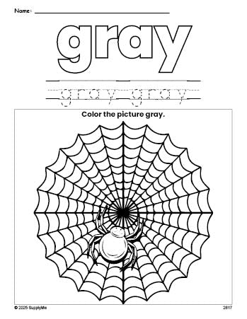 Free Halloween spider color gray coloring page and color worksheet, gray worksheet for preschoolers to learn colors, printable PDF