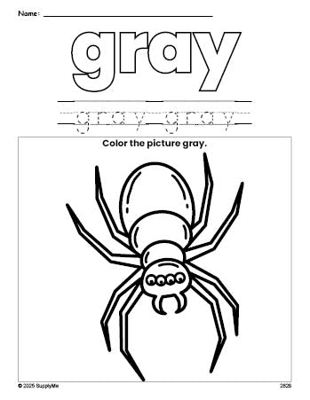 Free Halloween spider color gray coloring page and color worksheet, gray worksheet for preschoolers to learn colors, printable PDF