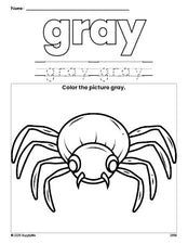 Free Halloween spider color gray coloring page and color worksheet, gray worksheet for preschoolers to learn colors, printable PDF