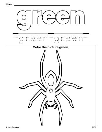 Free Halloween spider color green coloring page and color worksheet, green worksheet for preschoolers to learn colors, printable PDF