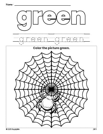 Free Halloween spider color green coloring page and color worksheet, green worksheet for preschoolers to learn colors, printable PDF