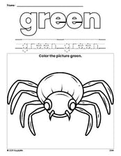 Free Halloween spider color green coloring page and color worksheet, green worksheet for preschoolers to learn colors, printable PDF