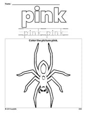 Free Halloween spider color pink coloring page and color worksheet, pink worksheet for preschoolers to learn colors, printable PDF