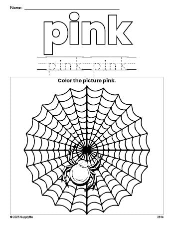 Free Halloween spider color pink coloring page and color worksheet, pink worksheet for preschoolers to learn colors, printable PDF