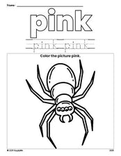 Free Halloween spider color pink coloring page and color worksheet, pink worksheet for preschoolers to learn colors, printable PDF