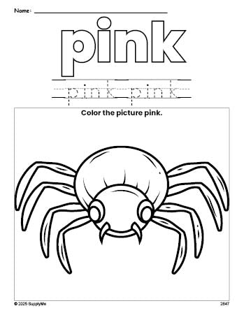 Free Halloween spider color pink coloring page and color worksheet, pink worksheet for preschoolers to learn colors, printable PDF