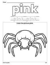 Free Halloween spider color pink coloring page and color worksheet, pink worksheet for preschoolers to learn colors, printable PDF