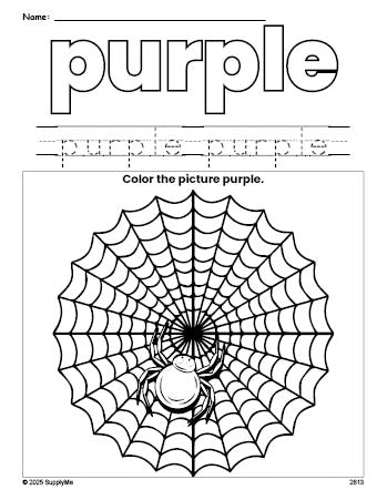 Free Halloween spider color purple coloring page and color worksheet, purple worksheet for preschoolers to learn colors, printable PDF