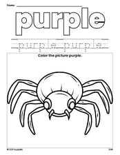 Free Halloween spider color purple coloring page and color worksheet, purple worksheet for preschoolers to learn colors, printable PDF