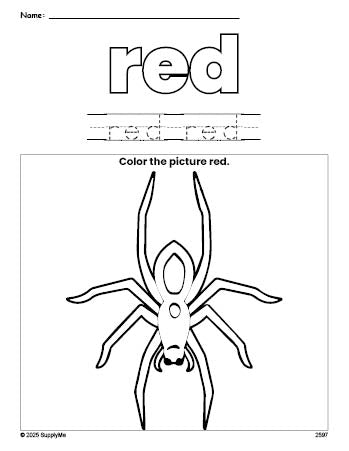 Free Halloween spider color red coloring page and color worksheet, red worksheet for preschoolers to learn colors, printable PDF