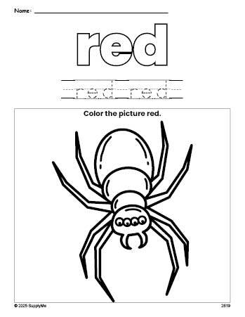 Free Halloween spider color red coloring page and color worksheet, red worksheet for preschoolers to learn colors, printable PDF