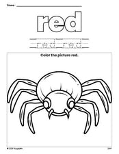 Free Halloween spider color red coloring page and color worksheet, red worksheet for preschoolers to learn colors, printable PDF