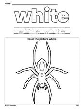 Free Halloween spider color white coloring page and color worksheet, white worksheet for preschoolers to learn colors, printable PDF