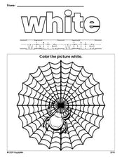 Free Halloween spider color white coloring page and color worksheet, white worksheet for preschoolers to learn colors, printable PDF