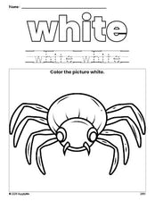 Free Halloween spider color white coloring page and color worksheet, white worksheet for preschoolers to learn colors, printable PDF