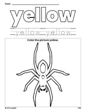 Free Halloween spider color yellow coloring page and color worksheet, yellow worksheet for preschoolers to learn colors, printable PDF