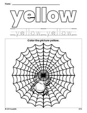 Free Halloween spider color yellow coloring page and color worksheet, yellow worksheet for preschoolers to learn colors, printable PDF