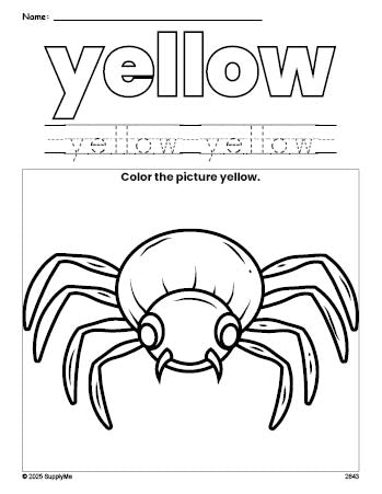 Free Halloween spider color yellow coloring page and color worksheet, yellow worksheet for preschoolers to learn colors, printable PDF