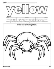 Free Halloween spider color yellow coloring page and color worksheet, yellow worksheet for preschoolers to learn colors, printable PDF