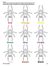 Free Halloween spider coloring page and color worksheet for preschoolers to learn colors, printable PDF