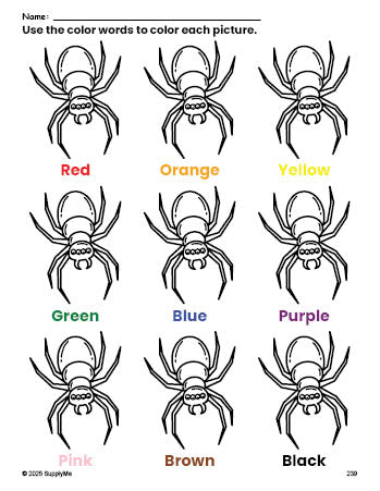 Free Halloween spider coloring page and color worksheet for preschoolers to learn colors, printable PDF