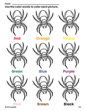 Free Halloween spider coloring page and color worksheet for preschoolers to learn colors, printable PDF