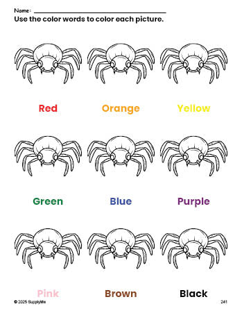 Free Halloween spider coloring page and color worksheet for preschoolers to learn colors, printable PDF