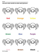 Free Halloween spider coloring page and color worksheet for preschoolers to learn colors, printable PDF