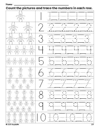 Free printable Halloween spider counting worksheet for preschool and pre-k with number tracing practice 1-10, PDF