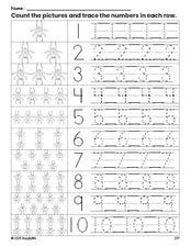 Free printable Halloween spider counting worksheet for preschool and pre-k with number tracing practice 1-10, PDF