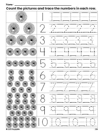 Free printable Halloween spider counting worksheet for preschool and pre-k with number tracing practice 1-10, PDF