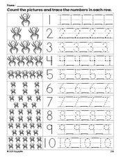 Free printable Halloween spider counting worksheet for preschool and pre-k with number tracing practice 1-10, PDF