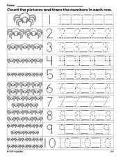 Free printable Halloween spider counting worksheet for preschool and pre-k with number tracing practice 1-10, PDF