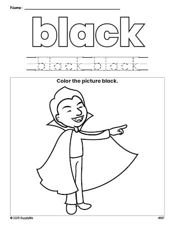 Free Halloween vampire color black coloring page and color worksheet, black worksheet for preschoolers to learn colors, printable PDF