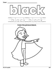 Free Halloween vampire color black coloring page and color worksheet, black worksheet for preschoolers to learn colors, printable PDF