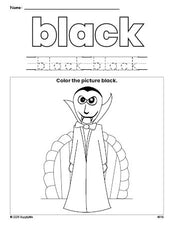 Free Halloween vampire color black coloring page and color worksheet, black worksheet for preschoolers to learn colors, printable PDF