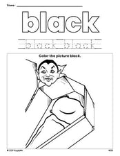 Free Halloween vampire color black coloring page and color worksheet, black worksheet for preschoolers to learn colors, printable PDF