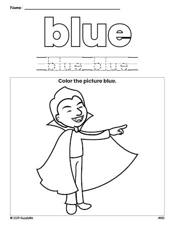 Free Halloween vampire color blue coloring page and color worksheet, blue worksheet for preschoolers to learn colors, printable PDF