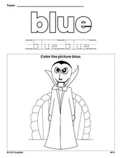 Free Halloween vampire color blue coloring page and color worksheet, blue worksheet for preschoolers to learn colors, printable PDF