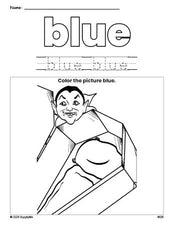 Free Halloween vampire color blue coloring page and color worksheet, blue worksheet for preschoolers to learn colors, printable PDF