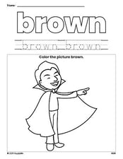 Free Halloween vampire color brown coloring page and color worksheet, brown worksheet for preschoolers to learn colors, printable PDF