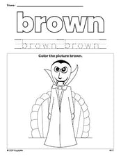 Free Halloween vampire color brown coloring page and color worksheet, brown worksheet for preschoolers to learn colors, printable PDF