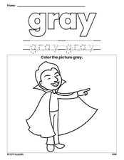 Free Halloween vampire color gray coloring page and color worksheet, gray worksheet for preschoolers to learn colors, printable PDF