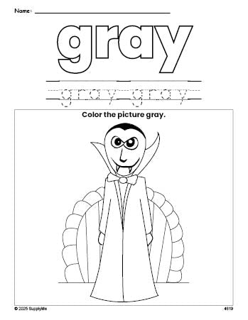 Free Halloween vampire color gray coloring page and color worksheet, gray worksheet for preschoolers to learn colors, printable PDF