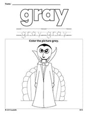 Free Halloween vampire color gray coloring page and color worksheet, gray worksheet for preschoolers to learn colors, printable PDF