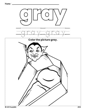 Free Halloween vampire color gray coloring page and color worksheet, gray worksheet for preschoolers to learn colors, printable PDF